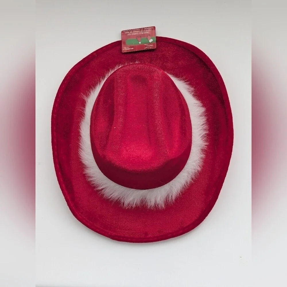 NWT Red Cowboy Hat with White Faux-Fur Trim